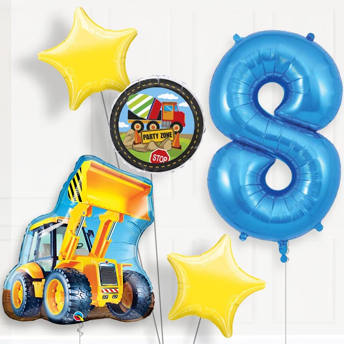 Construction Digger 8th Birthday Helium Balloon Package - 8th Birthday Balloon Package | Party Save Smile