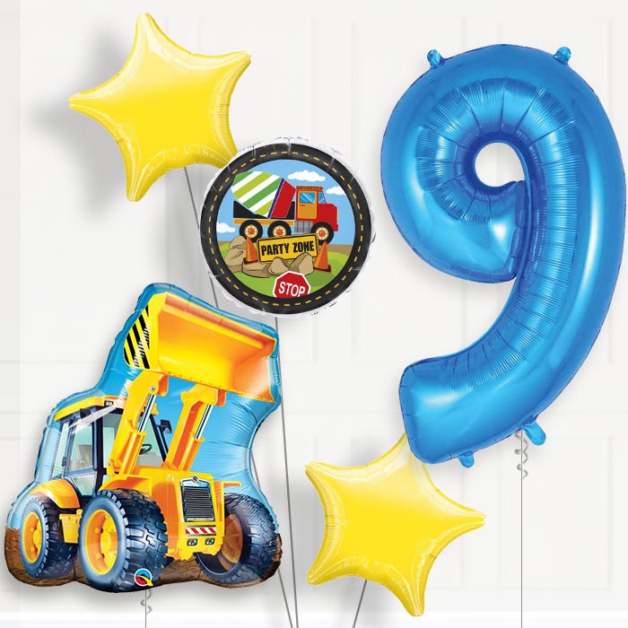 Construction Digger 9th Birthday Helium Balloon Package - 9th Birthday Balloon Package | Party Save Smile