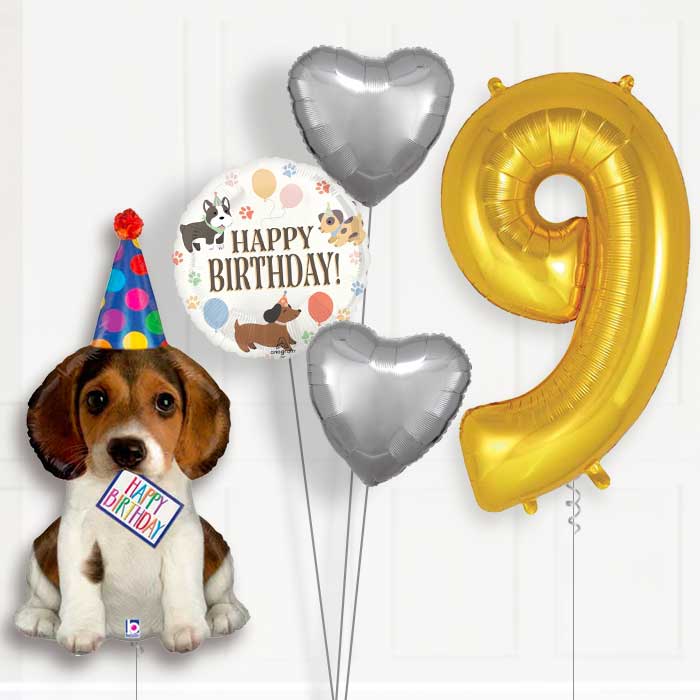 Puppy Dog Birthday Helium Balloon Package - Choose Age - 9th Birthday Balloon Package | Party Save Smile
