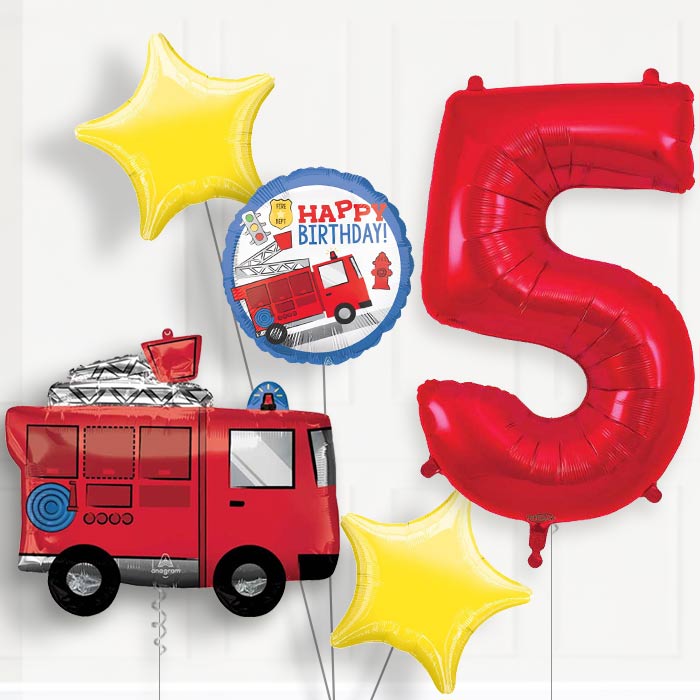 Fire Engine 5th Birthday Helium Balloon Package - 5th Birthday Balloon Package | Party Save Smile
