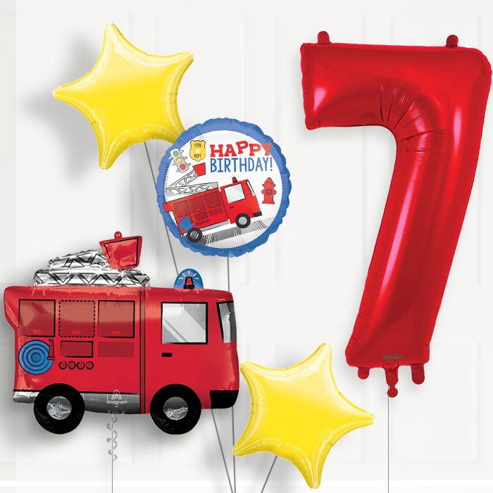 Fire Engine 7th Birthday Helium Balloon Package - 7th Birthday Balloon Package | Party Save Smile
