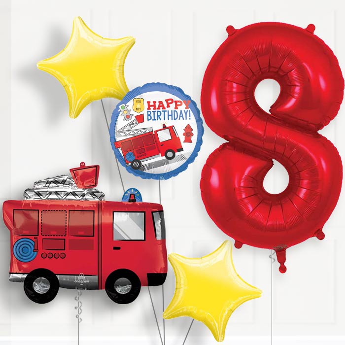 Fire Engine 8th Birthday Helium Balloon Package - 8th Birthday Balloon Package | Party Save Smile