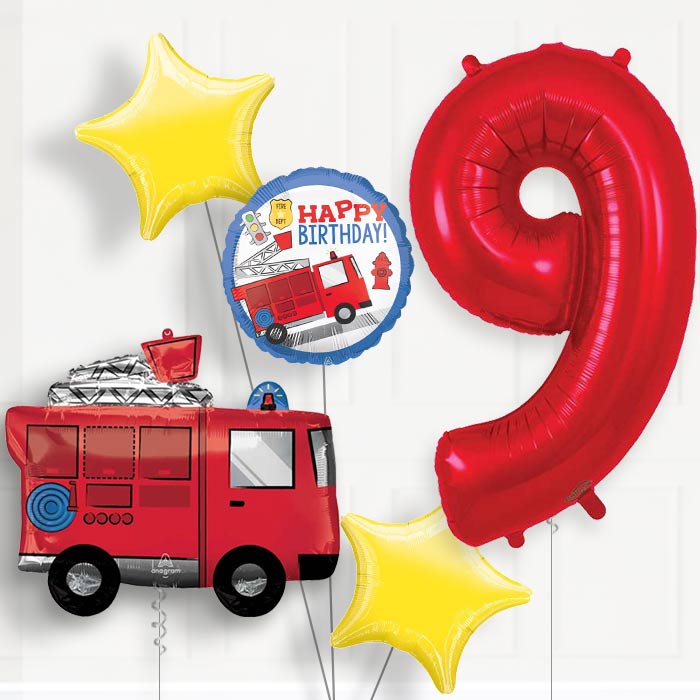 Fire Engine 9th Birthday Helium Balloon Package - 9th Birthday Balloon Package | Party Save Smile