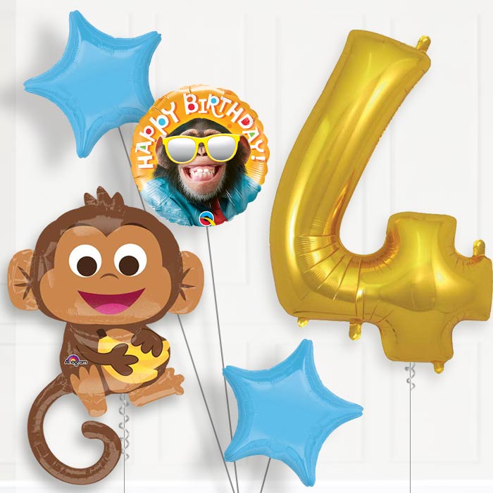 Monkey 4th Birthday Helium Balloon Package - 4th Birthday Balloon Package | Party Save Smile
