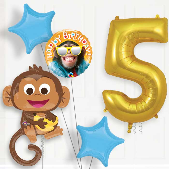 Monkey 5th Birthday Helium Balloon Package - 5th Birthday Balloon Package | Party Save Smile