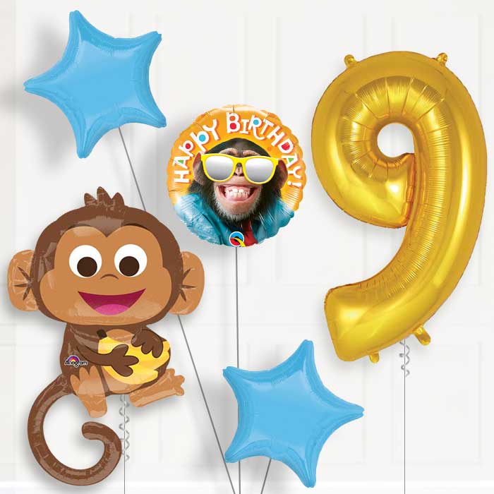 Monkey 9th Birthday Helium Balloon Package - 9th Birthday Balloon Package | Party Save Smile