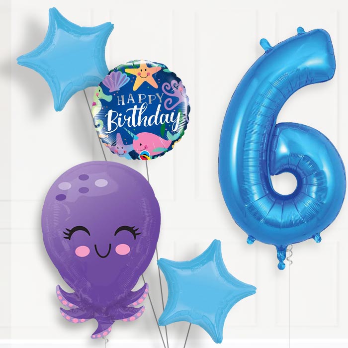 Octopus 6th Birthday Helium Balloon Package - 6th Birthday Balloon Package | Party Save Smile