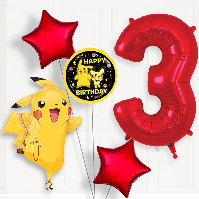 Pokemon Pikachu 3rd Birthday Helium Balloon Package - 3rd Birthday Balloon Package | Party Save Smile