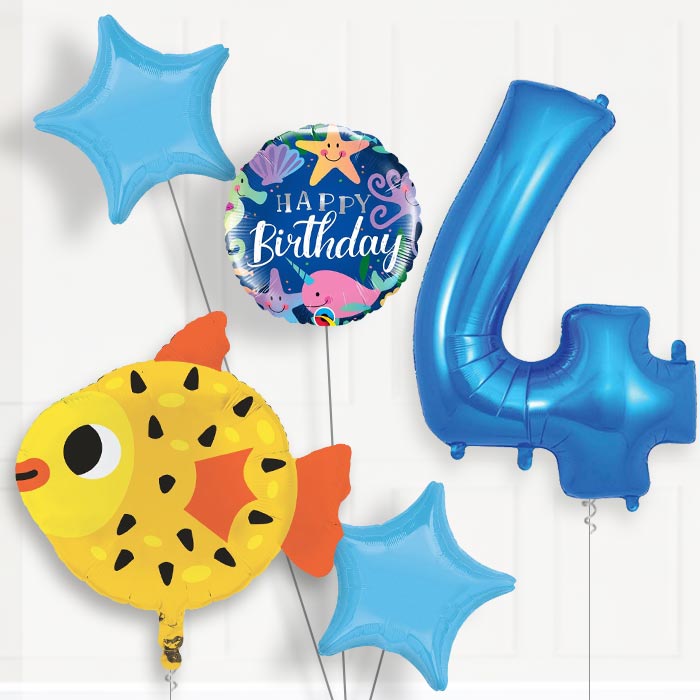 Puffer Fish 4th Birthday Helium Balloon Package - 4th Birthday Balloon Package | Party Save Smile