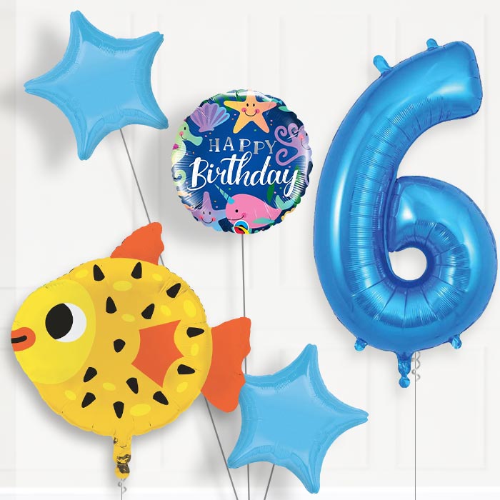 Puffer Fish 6th Birthday Helium Balloon Package - 6th Birthday Balloon Package | Party Save Smile
