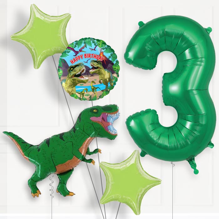 Green T Rex 3rd Birthday Helium Balloon Package - 3rd Birthday Balloon Package | Party Save Smile