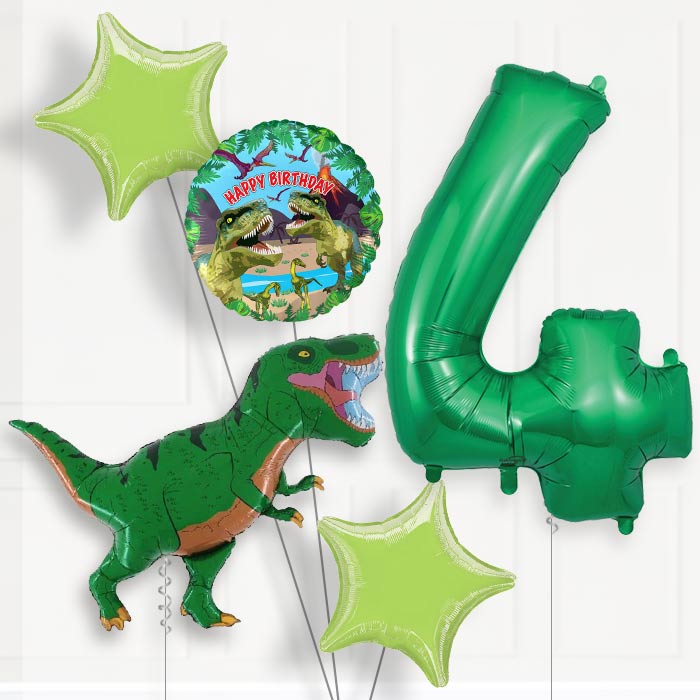 Green T Rex 4th Birthday Helium Balloon Package - 4th Birthday Balloon Package | Party Save Smile