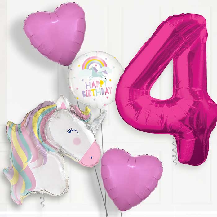 Pastel Unicorn 4th Birthday Helium Balloon Package - 4th Birthday Balloon Package | Party Save Smile