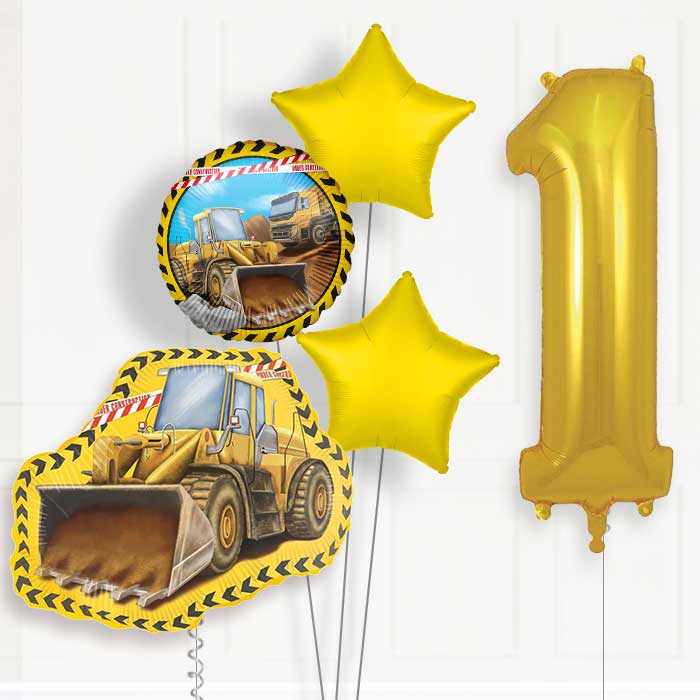 Yellow Construction Digger 1st Birthday Helium Balloon Package - 1st Birthday Balloon Package | Party Save Smile