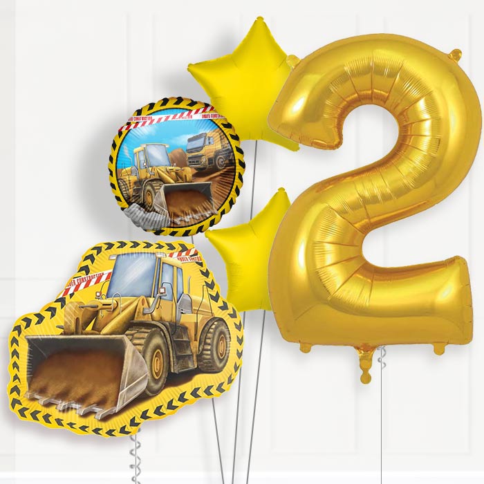 Yellow Construction Digger 2nd Birthday Helium Balloon Package - 2nd Birthday Balloon Package | Party Save Smile