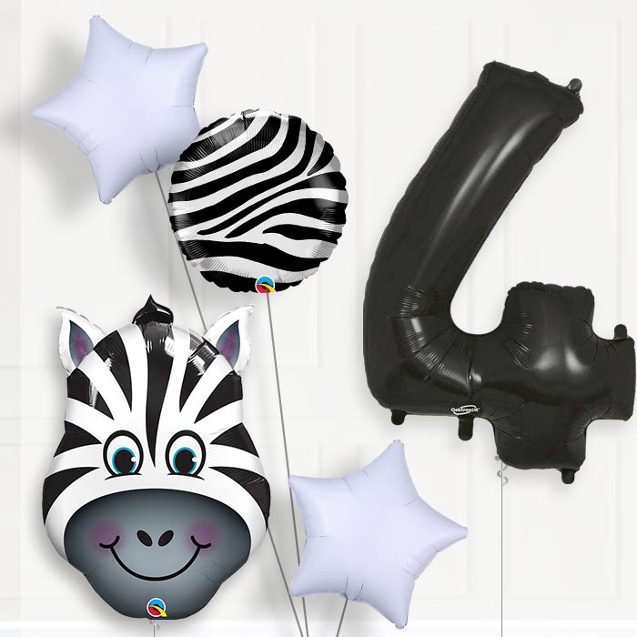 Zebra 4th Birthday Helium Balloon Package - 4th Birthday Balloon Package | Party Save Smile