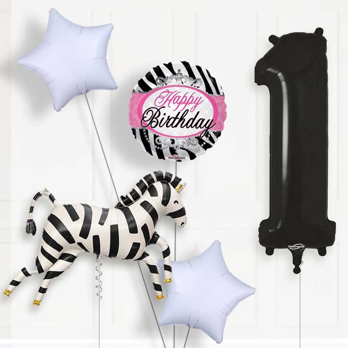 Zebra Shaped 1st Birthday Helium Balloon Package - 1st Birthday Balloon Package | Party Save Smile