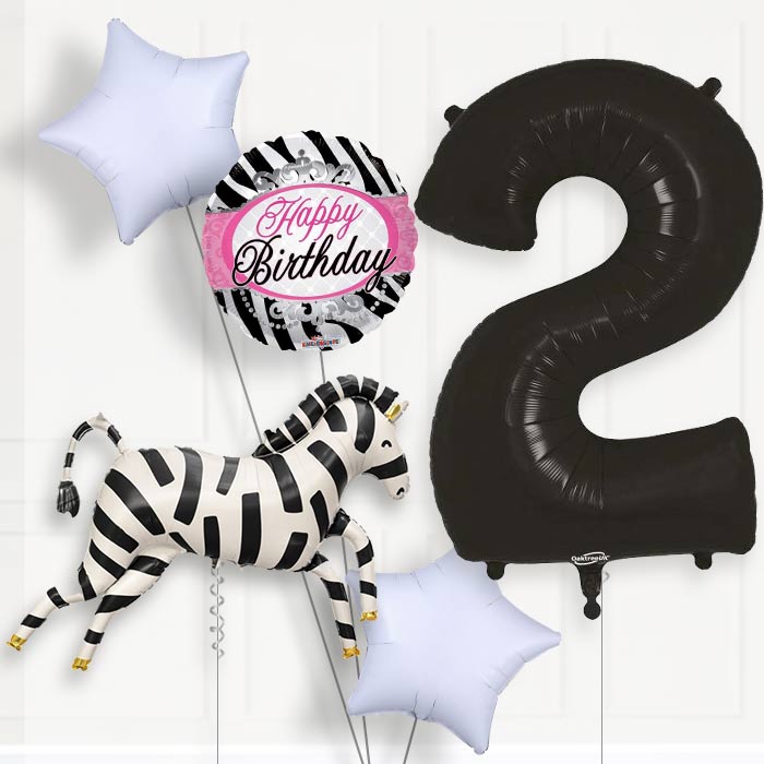 Zebra Shaped 2nd Birthday Helium Balloon Package - 2nd Birthday Balloon Package | Party Save Smile