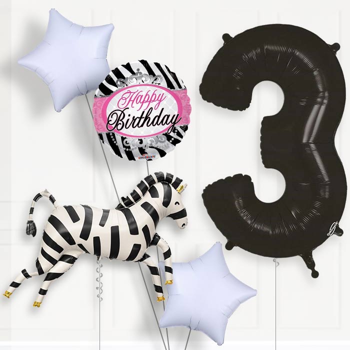 Zebra Shaped 3rd Birthday Helium Balloon Package - 3rd Birthday Balloon Package | Party Save Smile