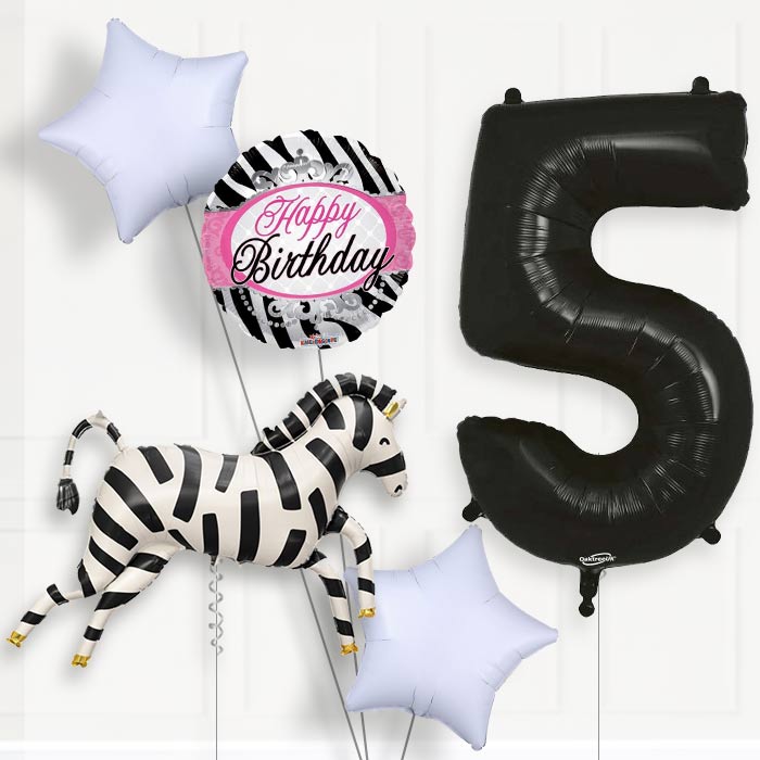 Zebra Shaped 5th Birthday Helium Balloon Package - 5th Birthday Balloon Package | Party Save Smile