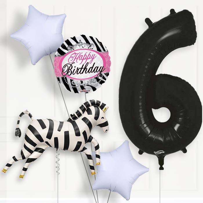 Zebra Shaped 6th Birthday Helium Balloon Package - 6th Birthday Balloon Package | Party Save Smile