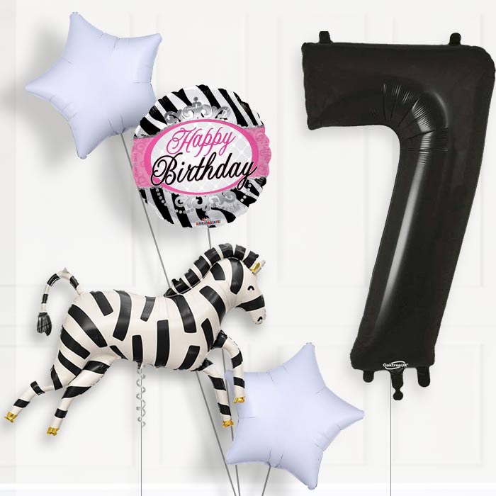 Zebra Shaped 7th Birthday Helium Balloon Package - 7th Birthday Balloon Package | Party Save Smile