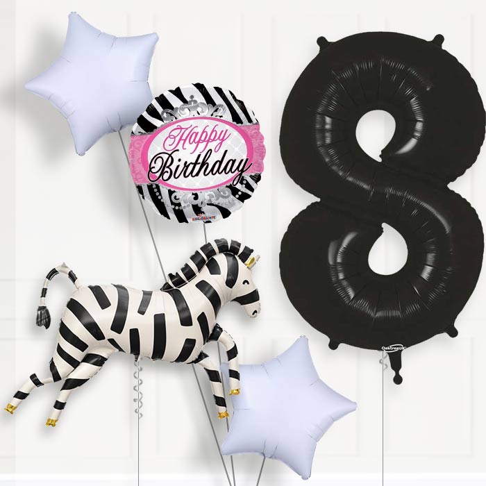 Zebra Shaped 8th Birthday Helium Balloon Package - 8th Birthday Balloon Package | Party Save Smile