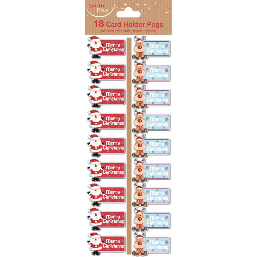 Santa & Reindeer Christmas Card Holder Pegs & Ribbon | Party Save Smile