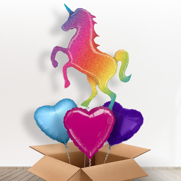 Glittering Unicorn Rainbow Helium Balloon in a Box - With 3 Plain Balloons | Party Save Smile