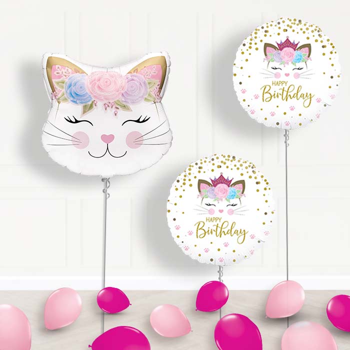 Floral Kitten Foil Balloon Display Package Delivered - Balloon Package | Party Save Smile