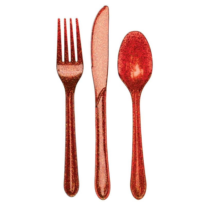 Glitter Red Plastic Cutlery Set Pack of 24 | Party Save Smile