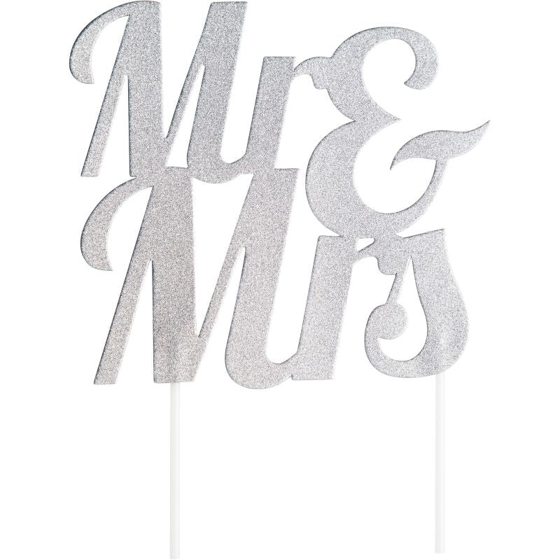 Glitter Mr & Mrs Cake Topper Silver | Party Save Smile