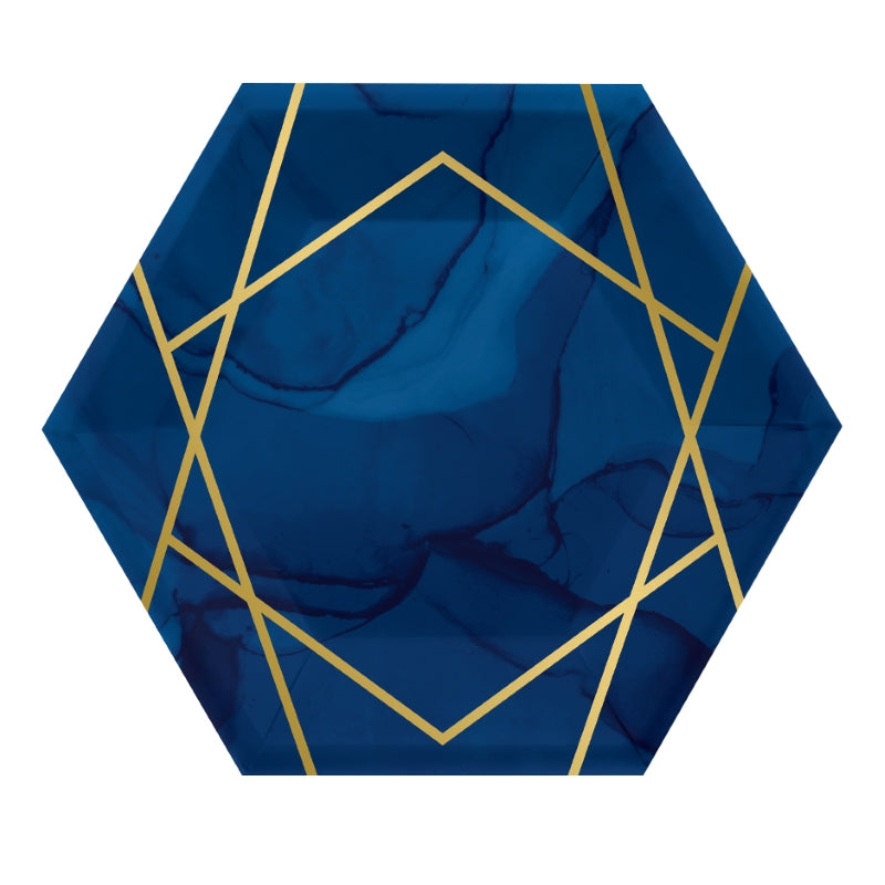 Small Geometric Navy Blue & Gold Party Plates Pack of 8 | Party Save Smile