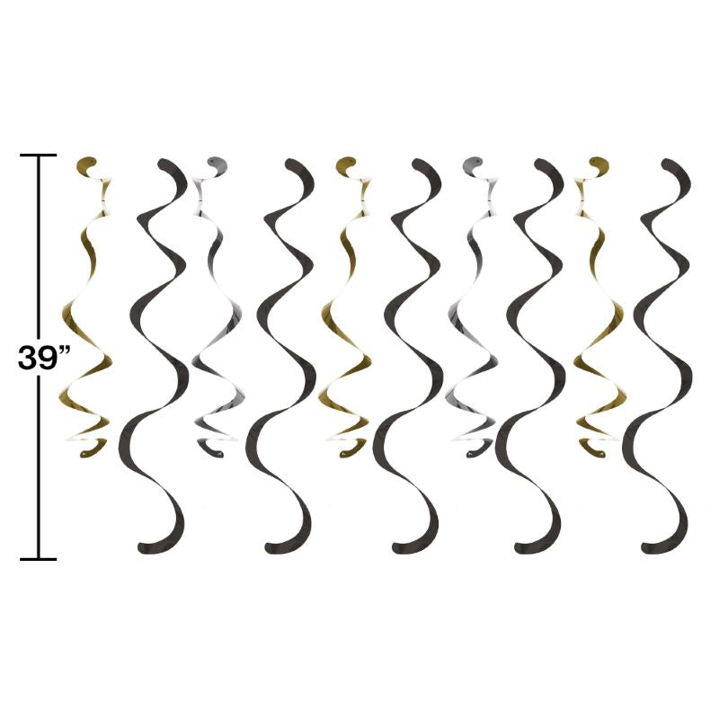 Black, Silver & Gold Hanging Swirl Decorations Pack of 10 | Party Save Smile