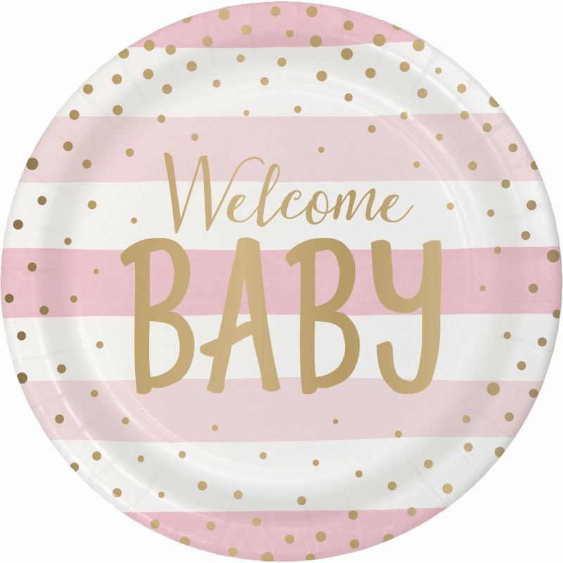 Pink and Gold Welcome Baby Paper Plates Pack of 8 | Party Save Smile