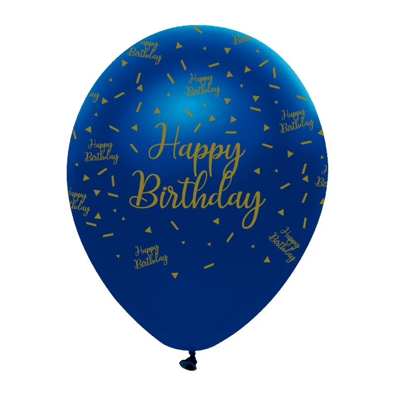 Navy Blue and Gold Happy Birthday Latex Balloon Pack of 6 | Party Save Smile