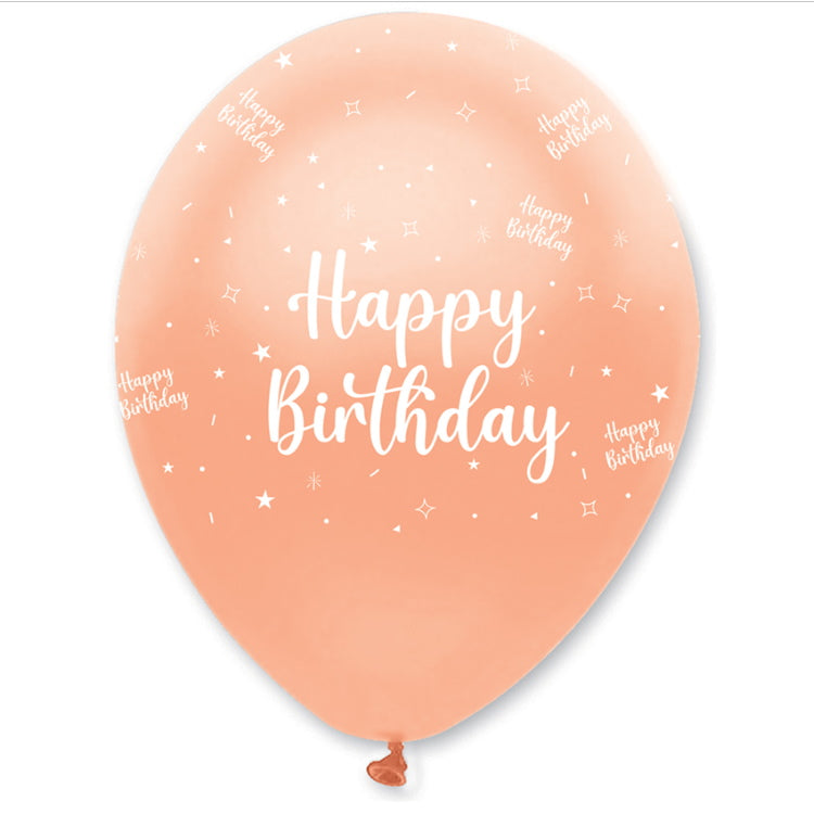 Rose Gold Pearlescent Happy Birthday Latex Balloons Pack of 6 | Party Save Smile