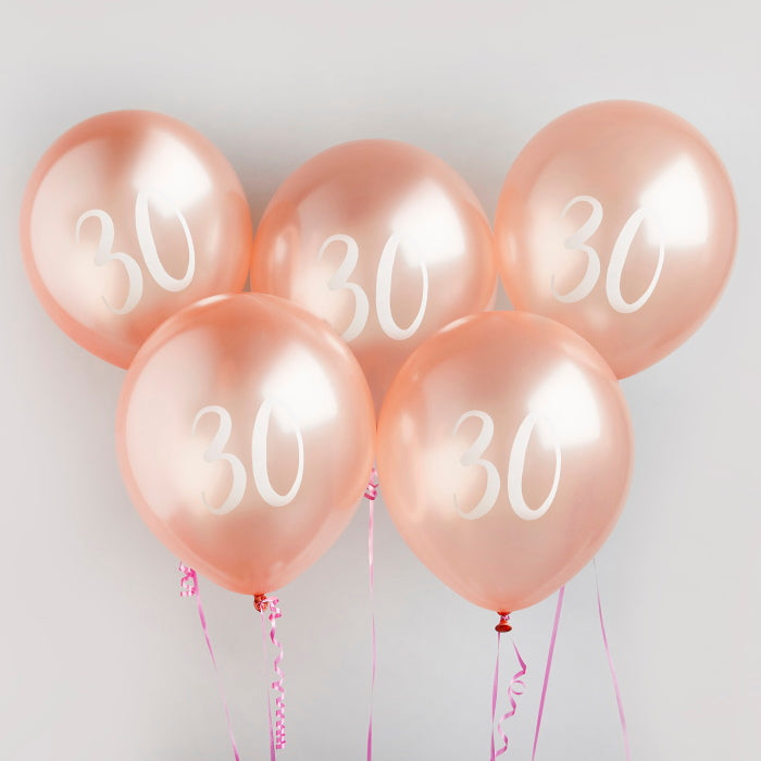 Rose Gold 30th Birthday Latex Balloons Pack of 5 | Party Save Smile