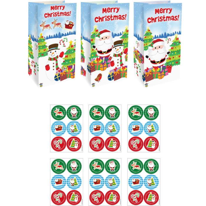 Assorted Christmas Paper Party Bags with Stickers Pack of 12 | Party Save Smile