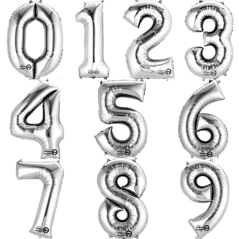 Silver Foil Number Balloons 0-9 Air Fill 16 Inch | Party Save Smile