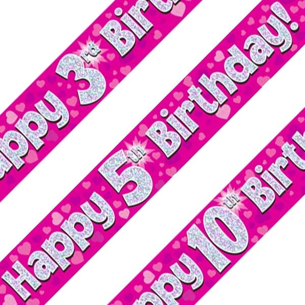 Pink Heart Happy Birthday Age 1-16 Foil Banner - Choose Age | Party Save Smile