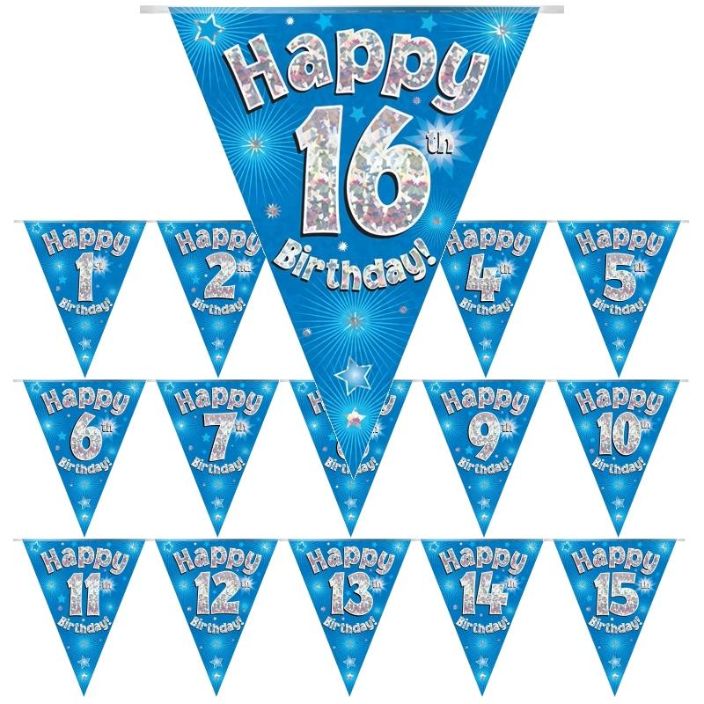Blue Happy Birthday Bunting - Age 1-16 - 3.9 Metres | Party Save Smile