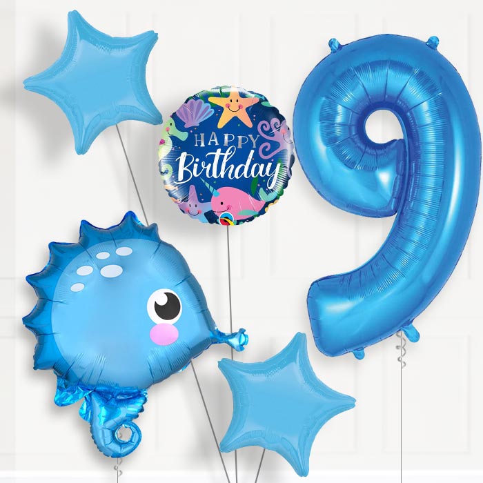 Blue Seahorse Birthday Balloon Package Choose Age - 9th Birthday Balloon Package | Party Save Smile