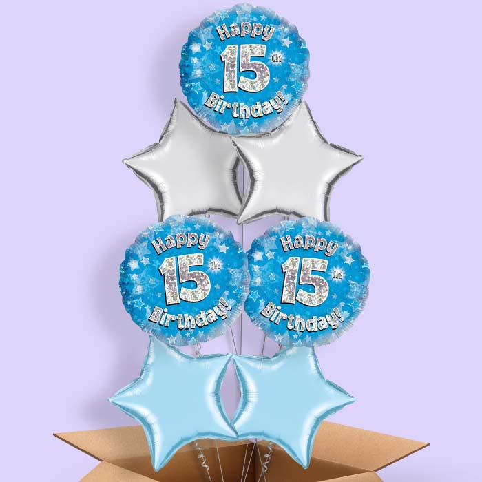 Happy 15th Birthday Blue Stars Helium Balloon in a Box - 7 Balloon | Party Save Smile