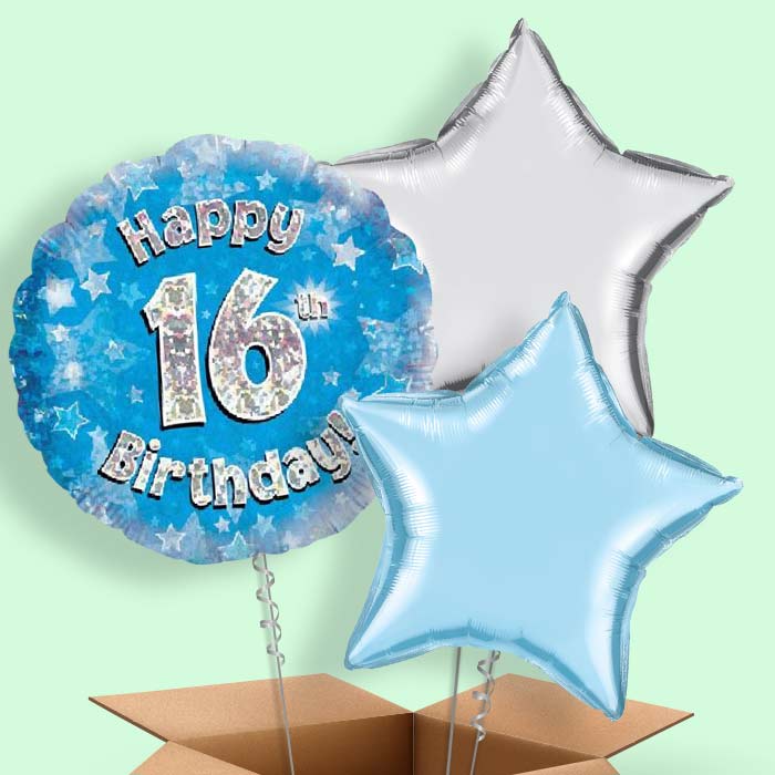 Blue Stars 16 Birthday Helium Balloon in a Box - 3 Balloon | Party Save Smile