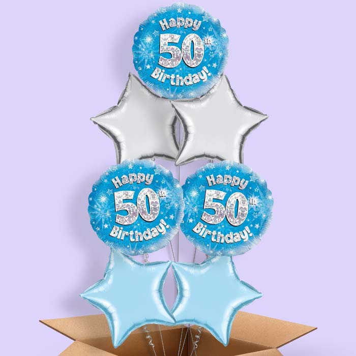 Happy 50th Birthday Blue Stars Helium Balloon in a Box - 7 Balloon | Party Save Smile