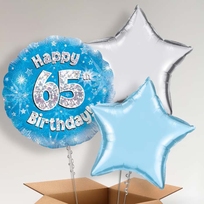 Happy 65th Birthday Blue Stars Helium Balloon in a Box - 3 Balloon | Party Save Smile