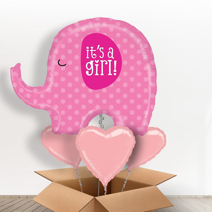 Pink Elephant Its a Girl Helium Balloon in a Box Gift - With 3 Plain Balloons | Party Save Smile