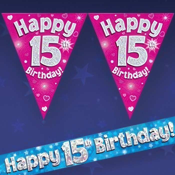Vibrant 15th Birthday Decorations with colorful bunting and glittery text for festive celebrations