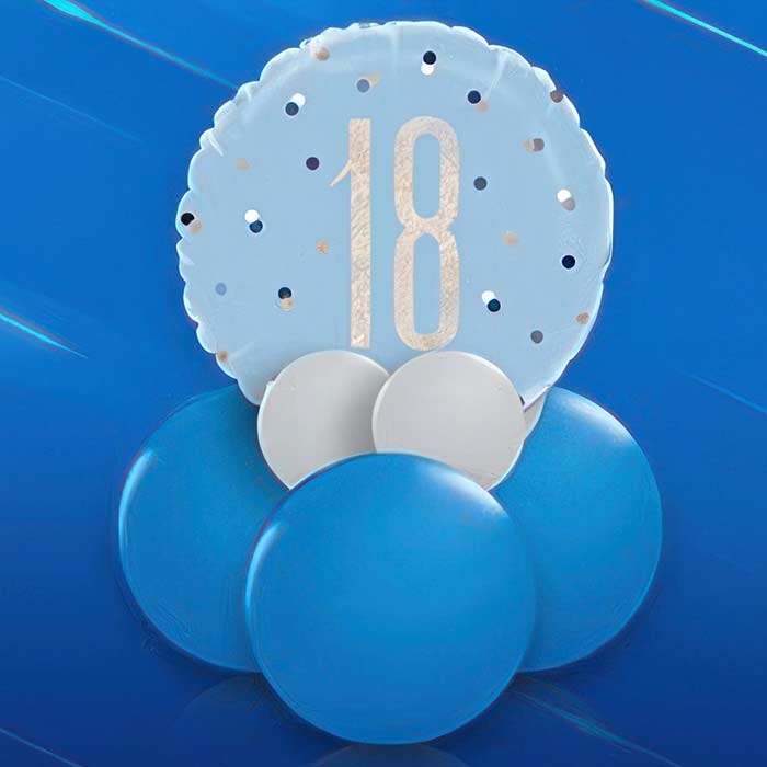 Stylish 18th Birthday Table Decorations with blue balloons and a decorative sign featuring the number 18